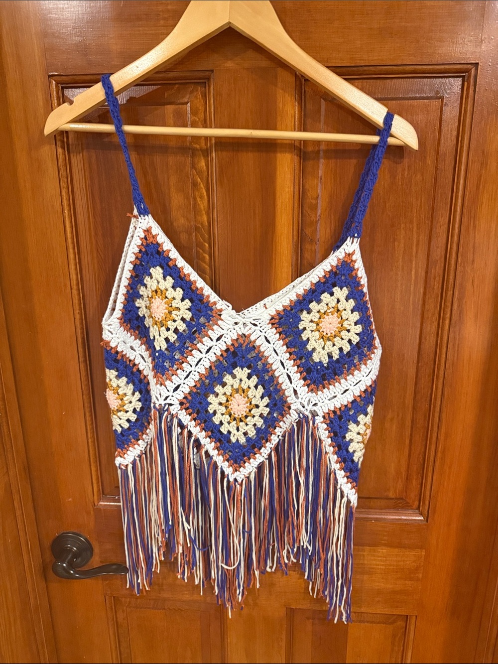 Crochet Fringe Tank Top - Blue, White, Peach, Brown